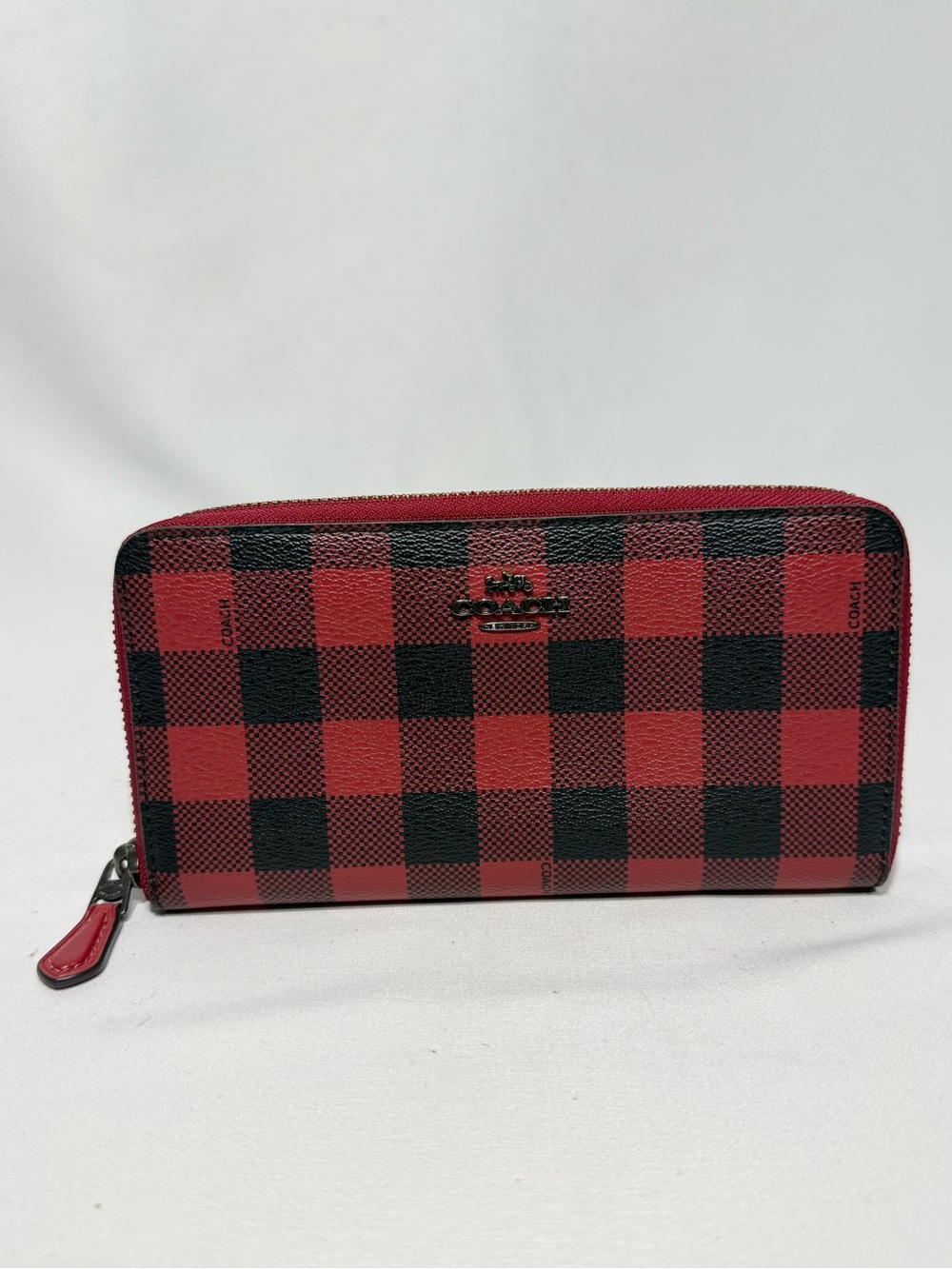 Coach Red and Black Plaid Zip-Around Wallet